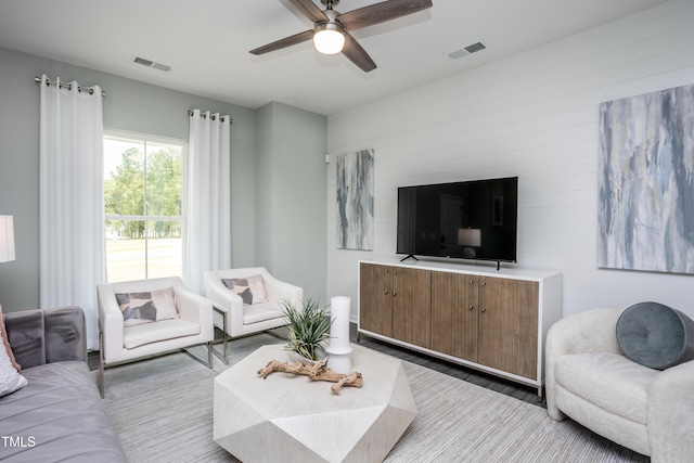 living room with ceiling fan