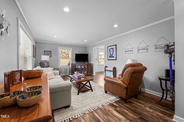 living room featuring ornamental molding and hardwood / wood-style flooring