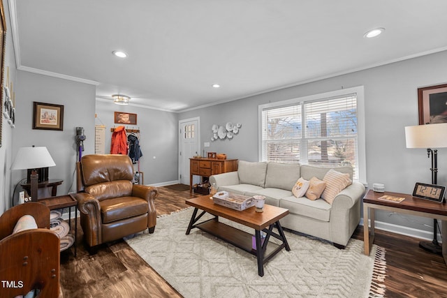 living room featuring hardwood / wood-style flooring and crown molding