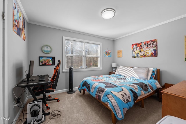 carpeted bedroom with crown molding