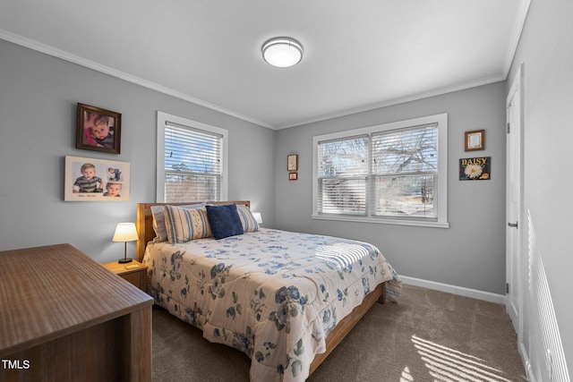 carpeted bedroom featuring crown molding