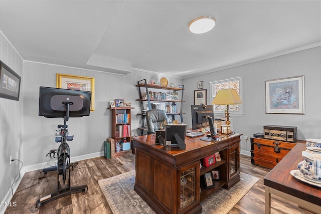 office space with ornamental molding and wood-type flooring