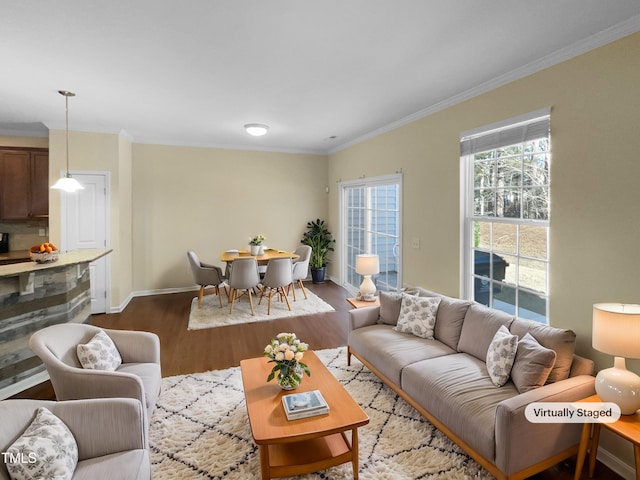 living room featuring dark wood-type flooring and ornamental molding