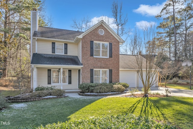 view of front facade featuring a porch, a front lawn, and a garage