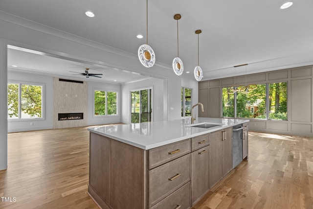 kitchen featuring a sink, dishwasher, ceiling fan, light countertops, and light wood finished floors