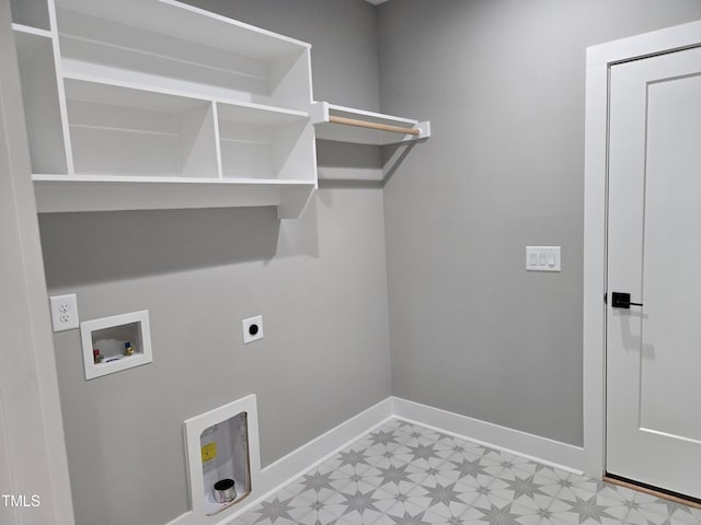 washroom featuring baseboards, light floors, laundry area, hookup for a washing machine, and electric dryer hookup