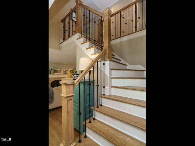 stairway with hardwood / wood-style floors