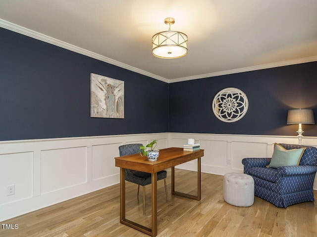 interior space with ornamental molding and light hardwood / wood-style flooring