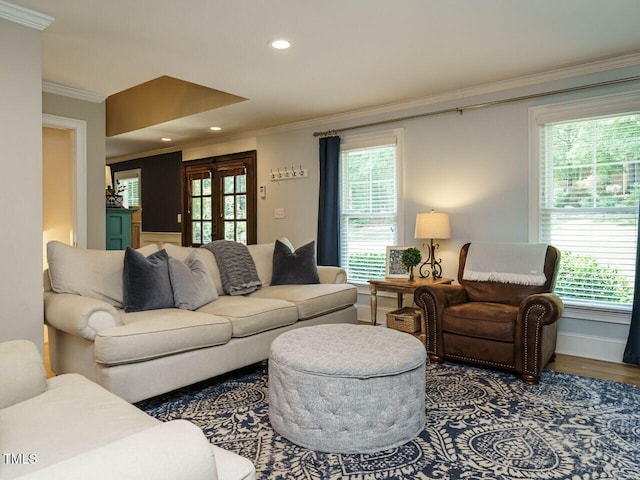 living room featuring a healthy amount of sunlight and ornamental molding