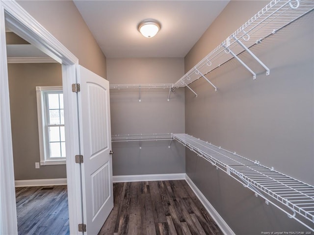 spacious closet with dark wood-type flooring