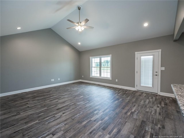 831 Norment Rd, Lumberton, NC 28360 - spare room featuring baseboards, a ceiling fan, dark wood-style floors, and lofted ceiling