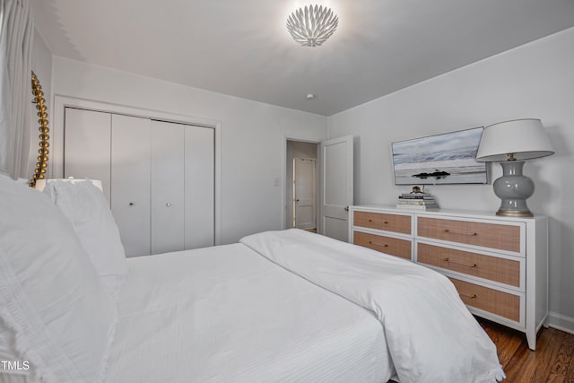 bedroom with dark hardwood / wood-style flooring and a closet