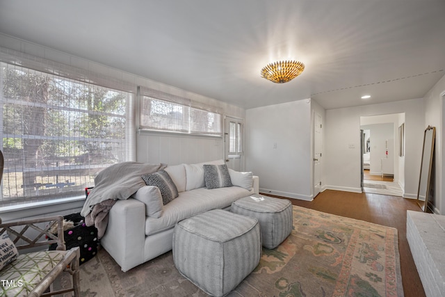 living room featuring dark wood-type flooring