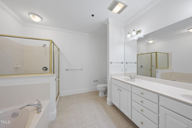 full bathroom with toilet, ornamental molding, and shower with separate bathtub