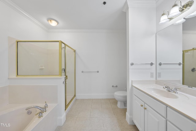 full bathroom with independent shower and bath, toilet, ornamental molding, and vanity