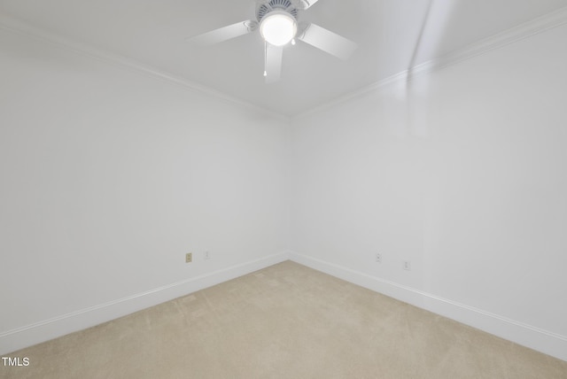 unfurnished room featuring ceiling fan, ornamental molding, and carpet floors