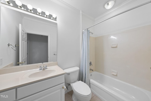 full bathroom featuring toilet, shower / tub combo with curtain, tile patterned floors, ornamental molding, and vanity