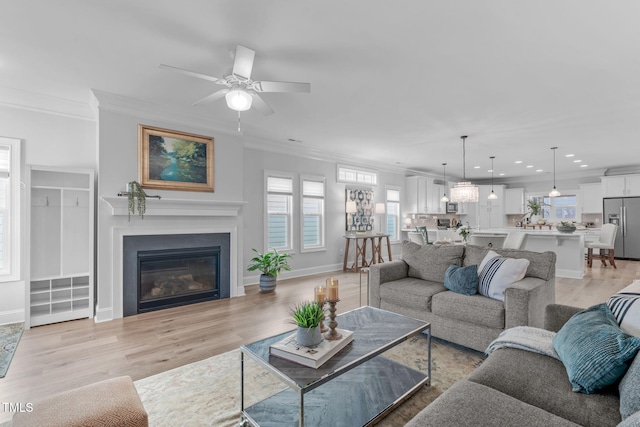 living room featuring crown molding, ceiling fan, and light wood-type flooring