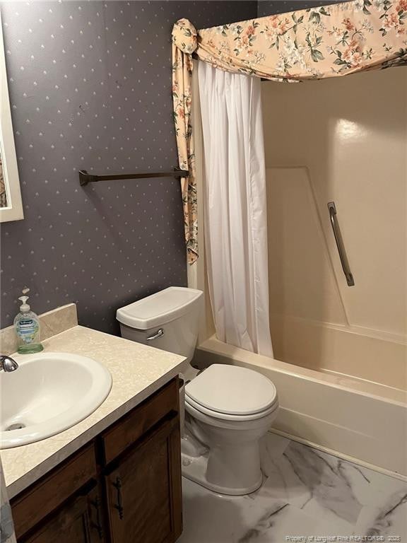 full bathroom with toilet, shower / bath combination with curtain, and vanity