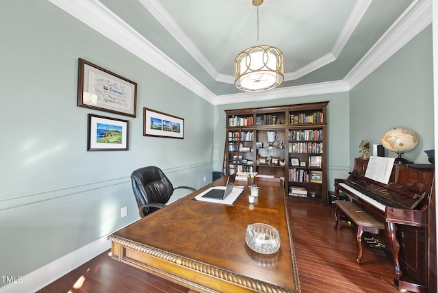 home office with dark hardwood / wood-style flooring and ornamental molding