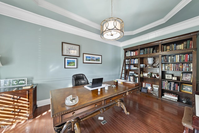 office space featuring ornamental molding and hardwood / wood-style floors