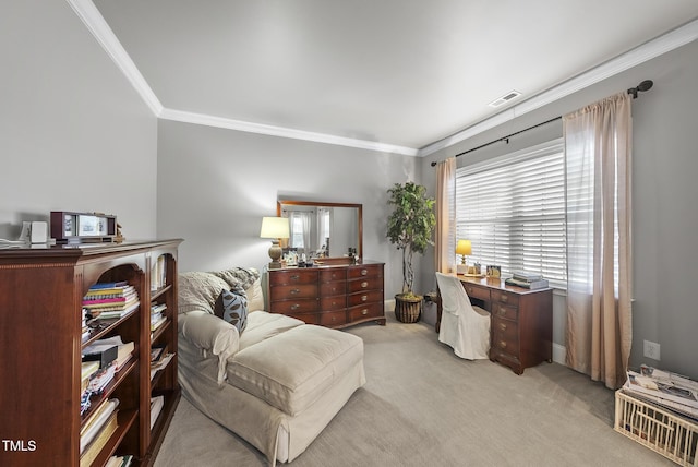 sitting room with crown molding and light carpet