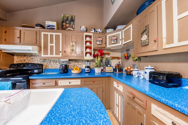 kitchen featuring light brown cabinets, black range with electric cooktop, and tasteful backsplash