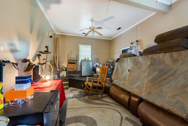 living room with ceiling fan and ornamental molding