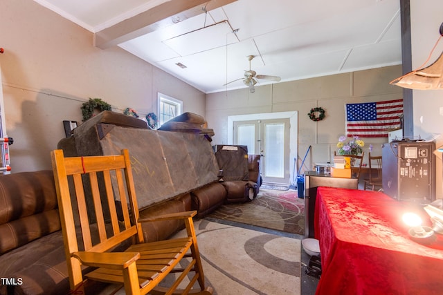 living room with french doors and ceiling fan