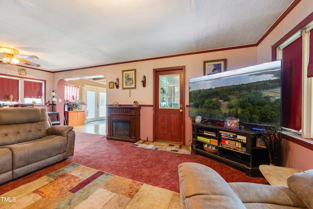 living room featuring carpet, ceiling fan, ornamental molding, and a textured ceiling