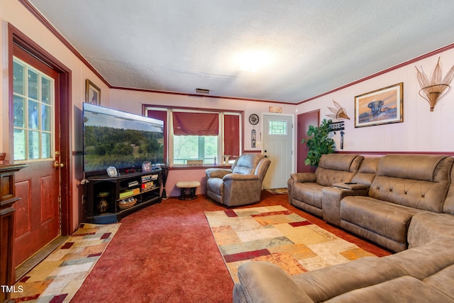 living room with light colored carpet and a textured ceiling