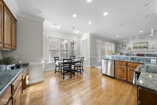 kitchen featuring pendant lighting, a sink, brown cabinets, dishwasher, and crown molding