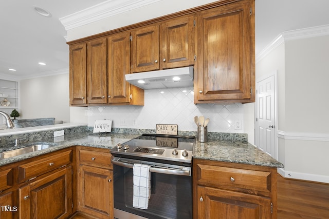 kitchen featuring brown cabinets, crown molding, stainless steel electric stove, a sink, and under cabinet range hood