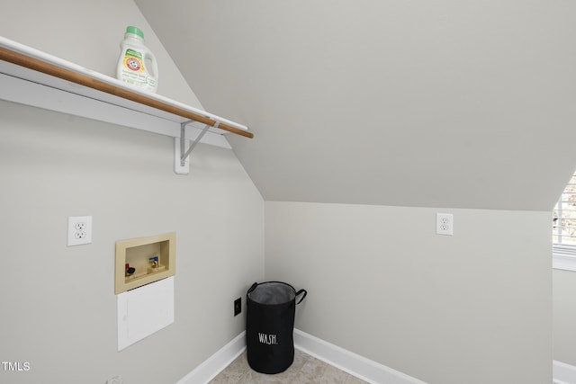 washroom featuring hookup for a washing machine, laundry area, electric dryer hookup, and baseboards