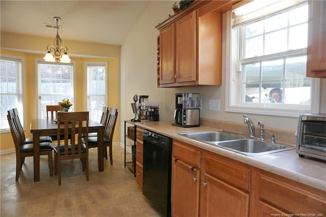 kitchen featuring pendant lighting, dishwasher, sink, a notable chandelier, and a healthy amount of sunlight