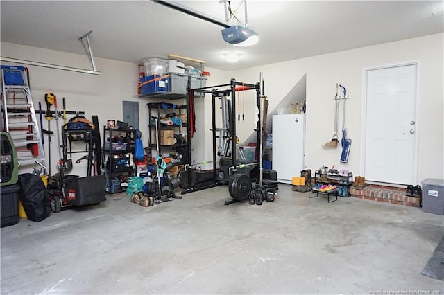 garage with electric panel and a garage door opener