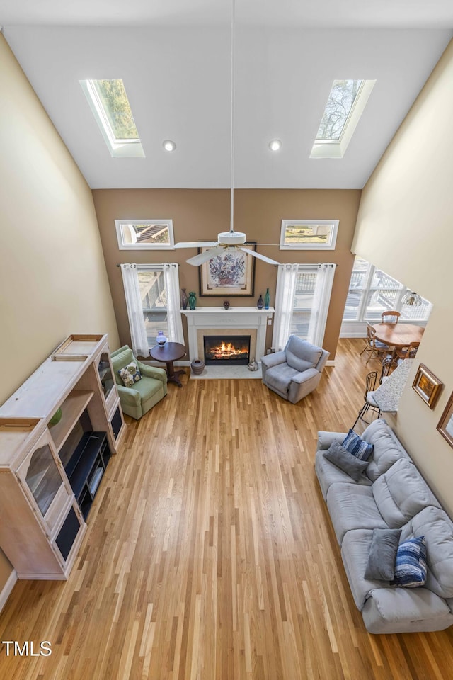 living room with light hardwood / wood-style floors and a skylight