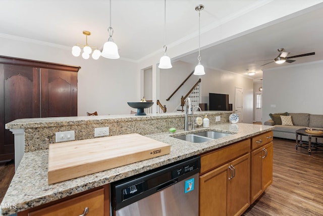 kitchen featuring ceiling fan, crown molding, dishwasher, and sink