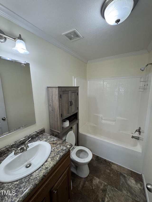 full bathroom featuring toilet, vanity,  shower combination, a textured ceiling, and ornamental molding