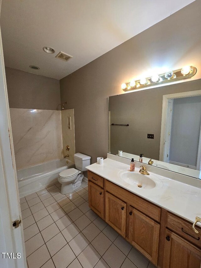 full bathroom with vanity, tile patterned flooring, toilet, and  shower combination