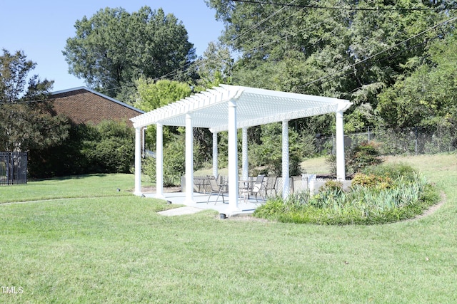 surrounding community with a pergola, a patio area, and a lawn