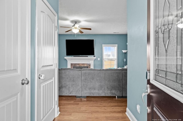 living room featuring ceiling fan, a fireplace, and light hardwood / wood-style flooring