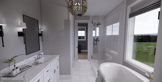 bathroom with a chandelier, shower with separate bathtub, and vanity