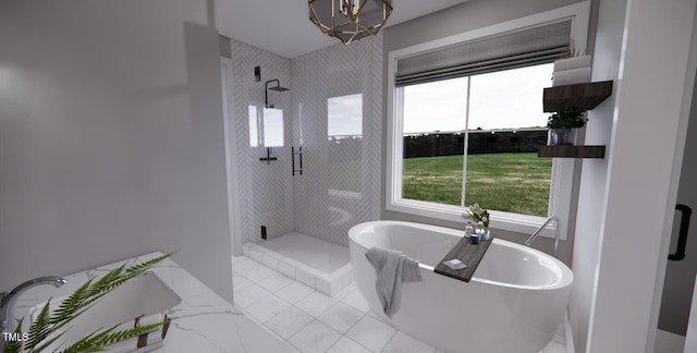 bathroom with sink, a wealth of natural light, and shower with separate bathtub