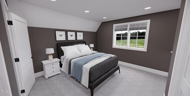 carpeted bedroom featuring lofted ceiling