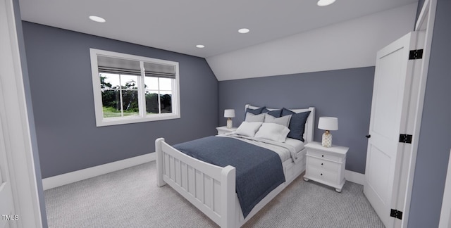 bedroom featuring light carpet and lofted ceiling