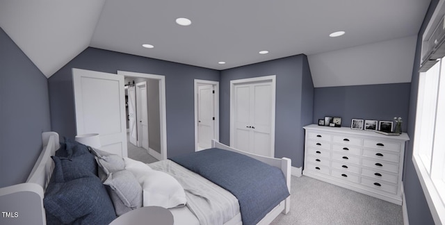 carpeted bedroom featuring vaulted ceiling and a closet