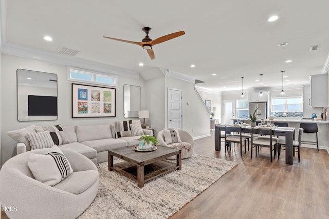 living room featuring ceiling fan, light hardwood / wood-style floors, and crown molding