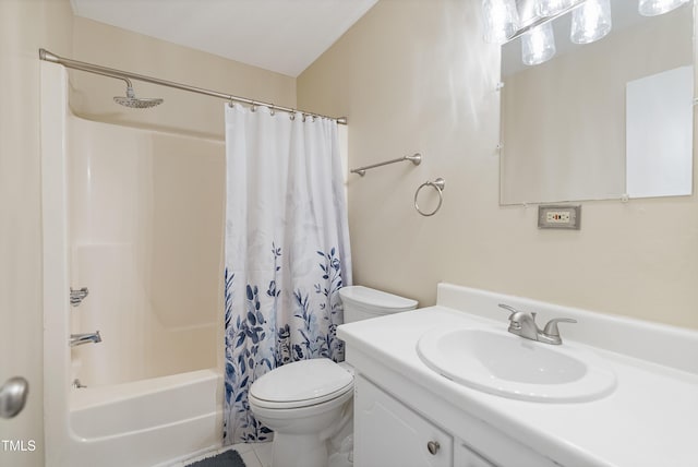 full bathroom with toilet, shower / bath combo, and vanity