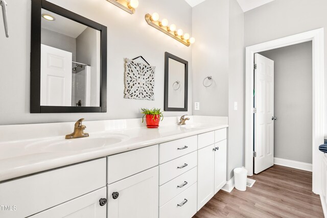 bathroom with hardwood / wood-style flooring and vanity